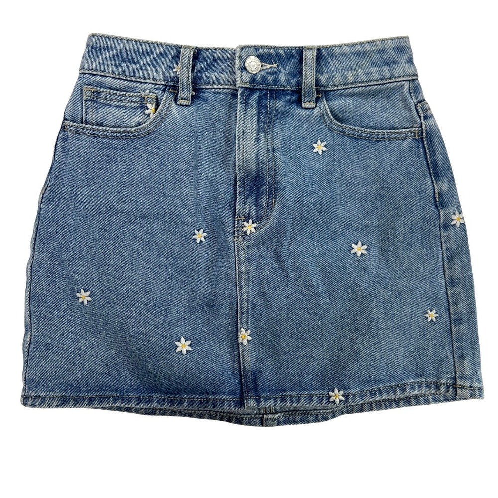 PacSun Denim‎ Mini Skirt Womens 24 Blue Floral Embroidered Daisy